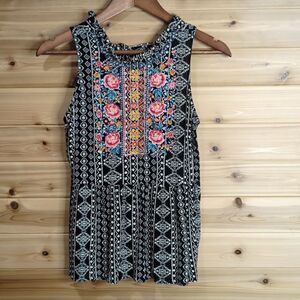 Savanna Jane Womens Top Small Black Printed and Embroidery Sleeveless Blouse
